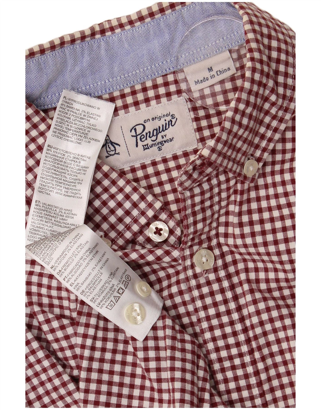 PENGUIN Mens Shirt Medium Maroon Gingham Cotton