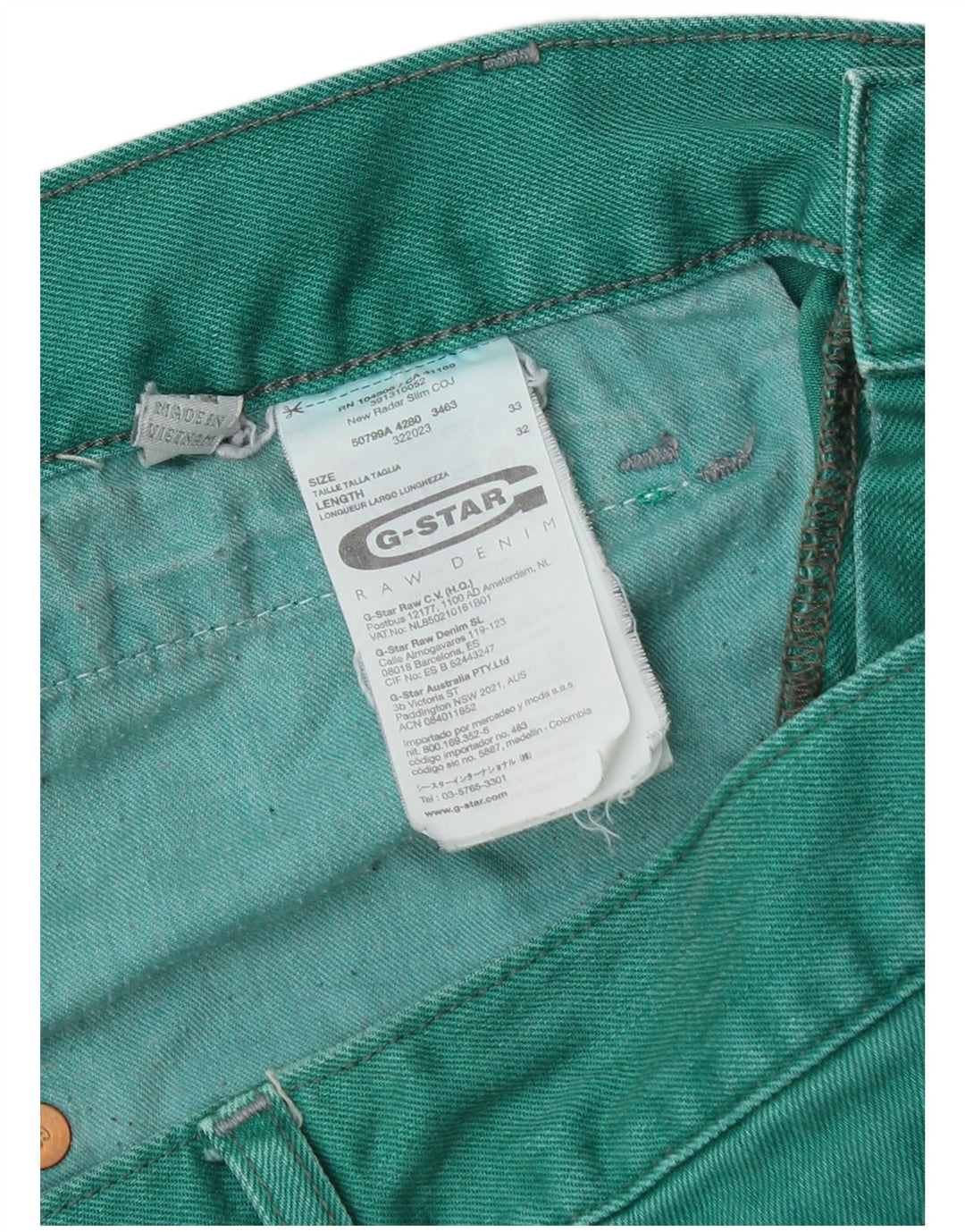G-Star Mens Slim Jeans W33 L32 Green Cotton