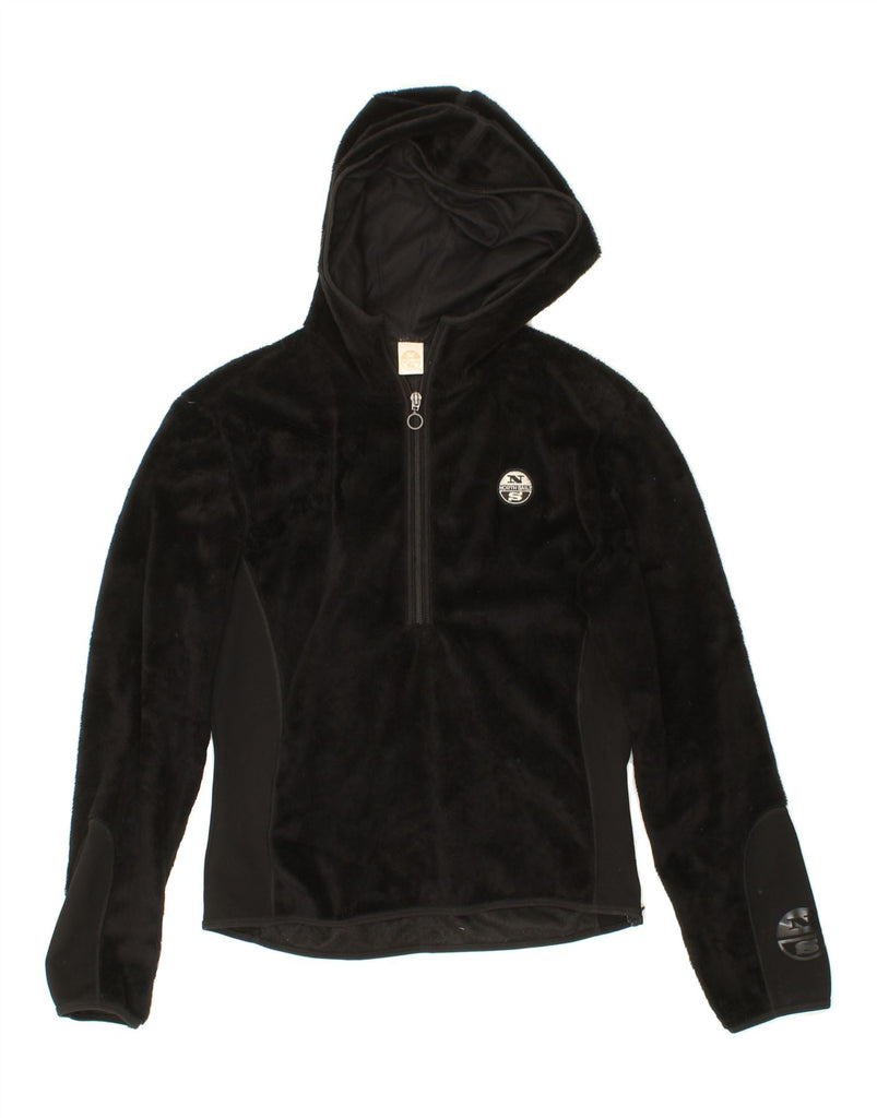 NORTH SAILS Womens Zip Neck Hooded Fleece Jumper UK 14 Large Black Vintage North Sails and Second-Hand North Sails from Messina Hembry 