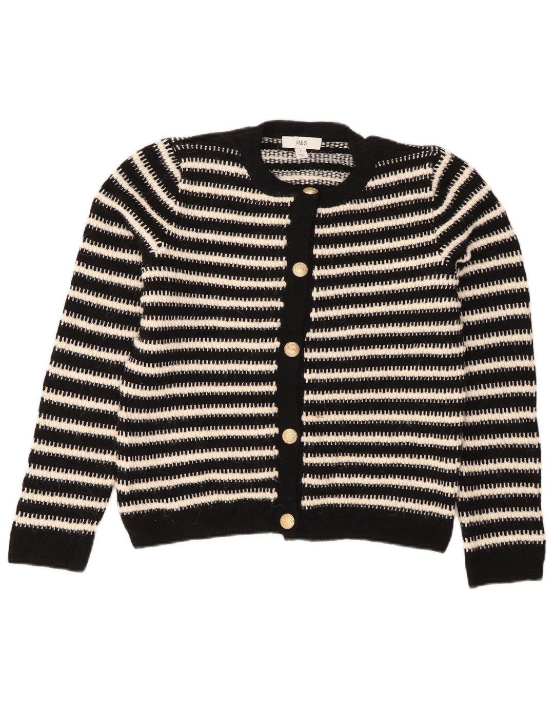 MARKS & SPENCER Womens Cardigan Sweater UK 10 Small Black Striped Acrylic