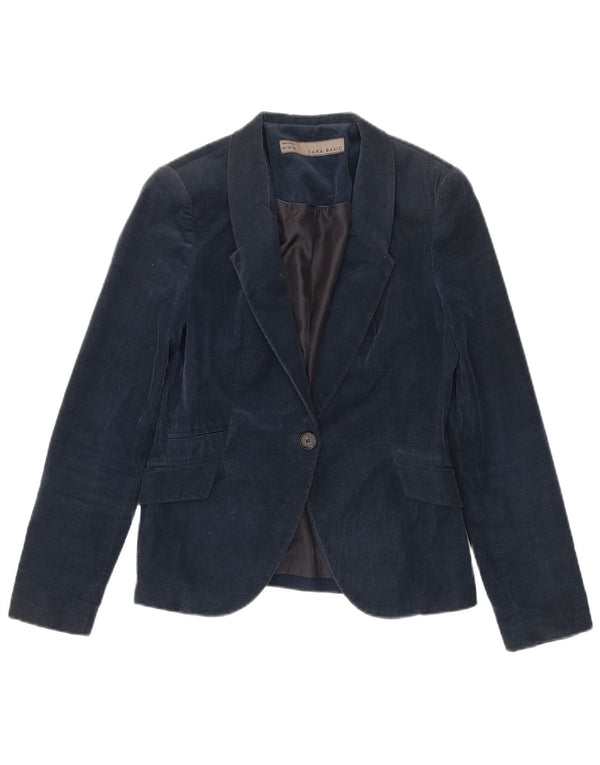 Zara Womens 1 Button Corduroy Blazer Jacket UK 12 Medium Navy Blue Cotton