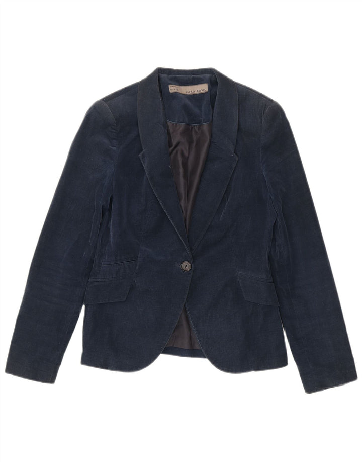 Zara Womens 1 Button Corduroy Blazer Jacket UK 12 Medium Navy Blue Cotton