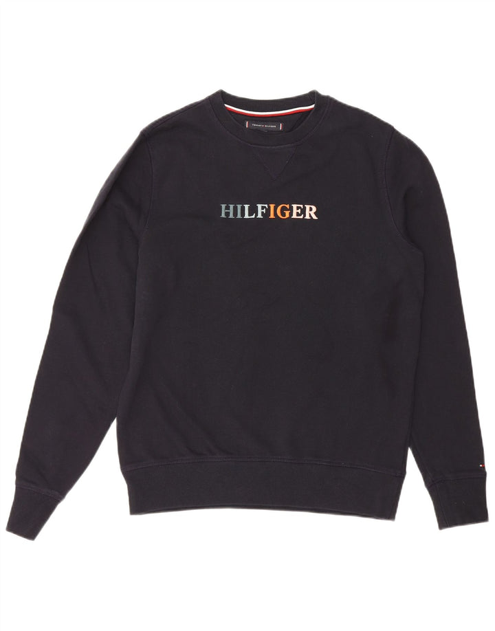 TOMMY HILFIGER Mens Graphic Sweatshirt Jumper Small Navy Blue Cotton
