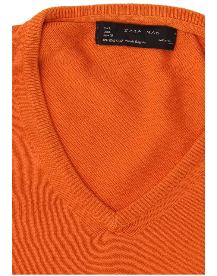 Zara Mens V-Neck Jumper Sweater Large Orange Cotton