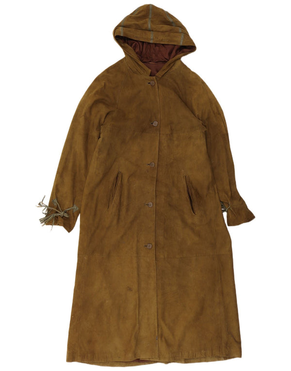 Vintage Womens Hooded Suede Overcoat IT 38 XS Khaki