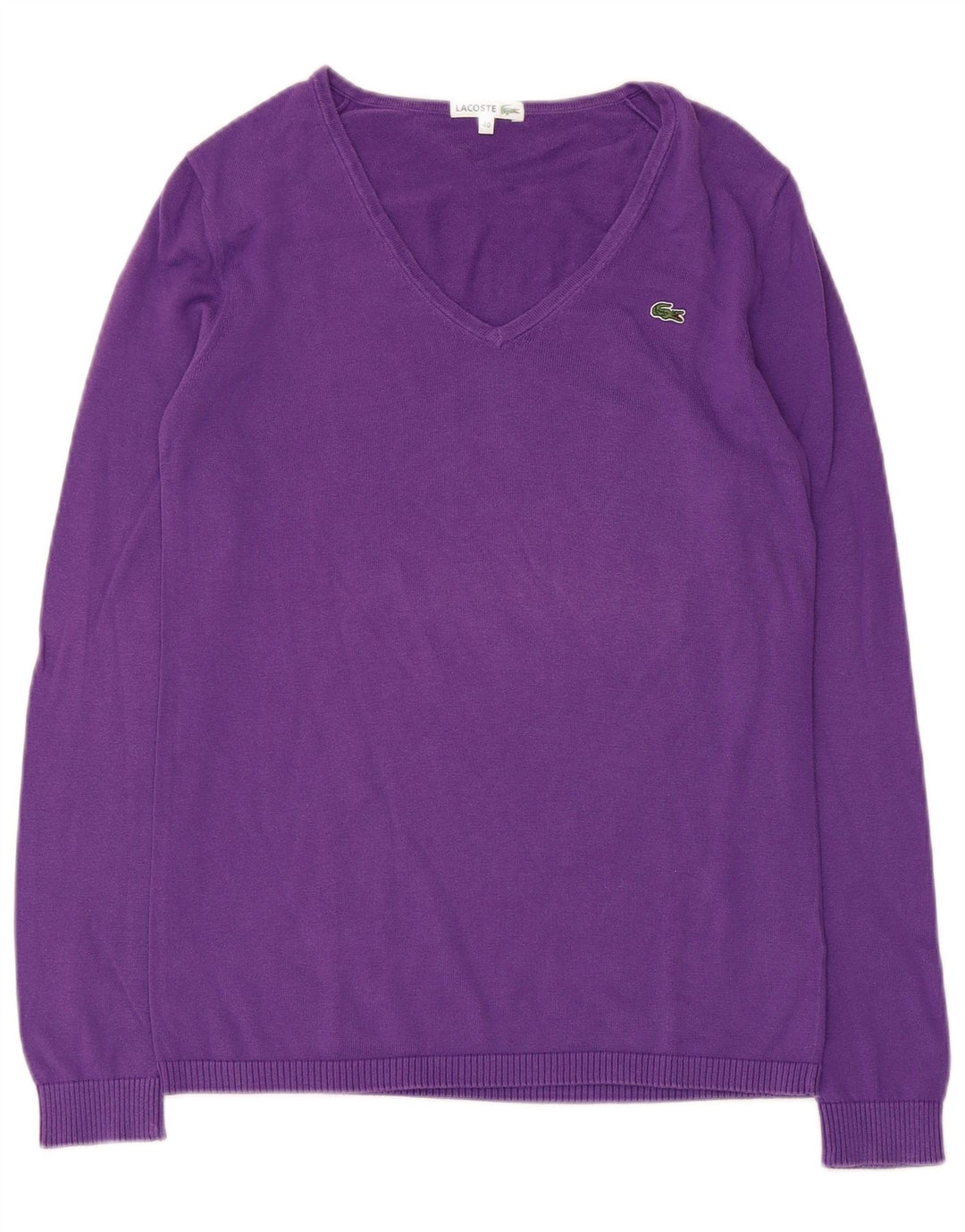 Lacoste Womens V-Neck Jumper Sweater Size 40 Medium Purple Cotton