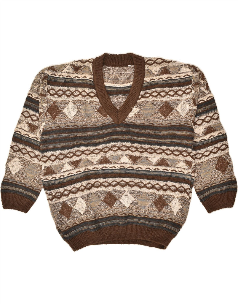 VINTAGE Mens V-Neck Jumper Sweater Medium Brown Argyle/Diamond Wool | Vintage Vintage | Thrift | Second-Hand Vintage | Used Clothing | Messina Hembry 