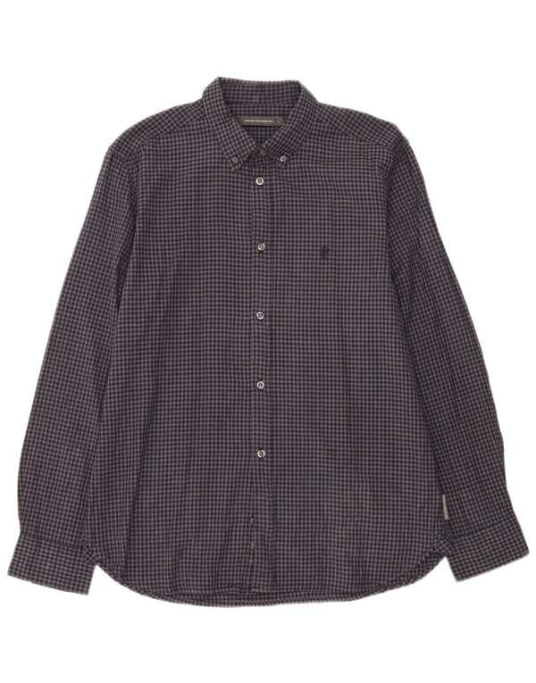 French Connection Mens Flannel Shirt Large Navy Blue Gingham Cotton