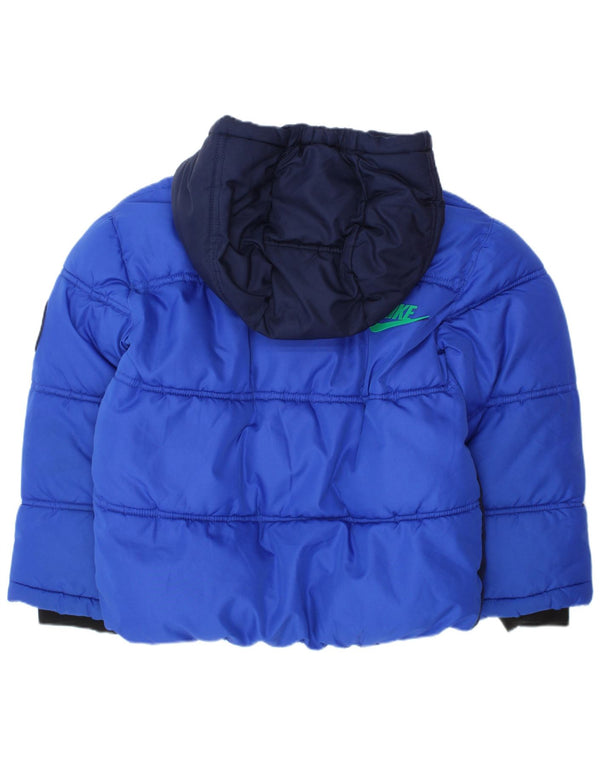NIKE Boys Hooded Padded Jacket 4-5 Years Small Blue Colourblock Polyester