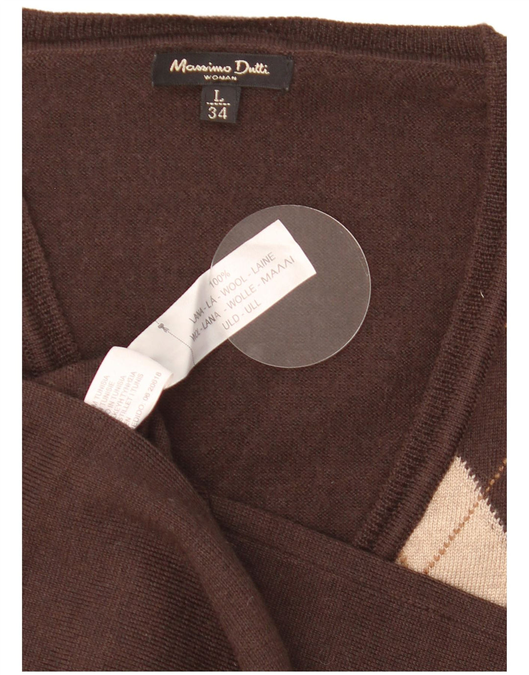 Massimo Dutti Womens V-Neck Jumper Sweater UK 14 Large Brown Argyle/Diamond