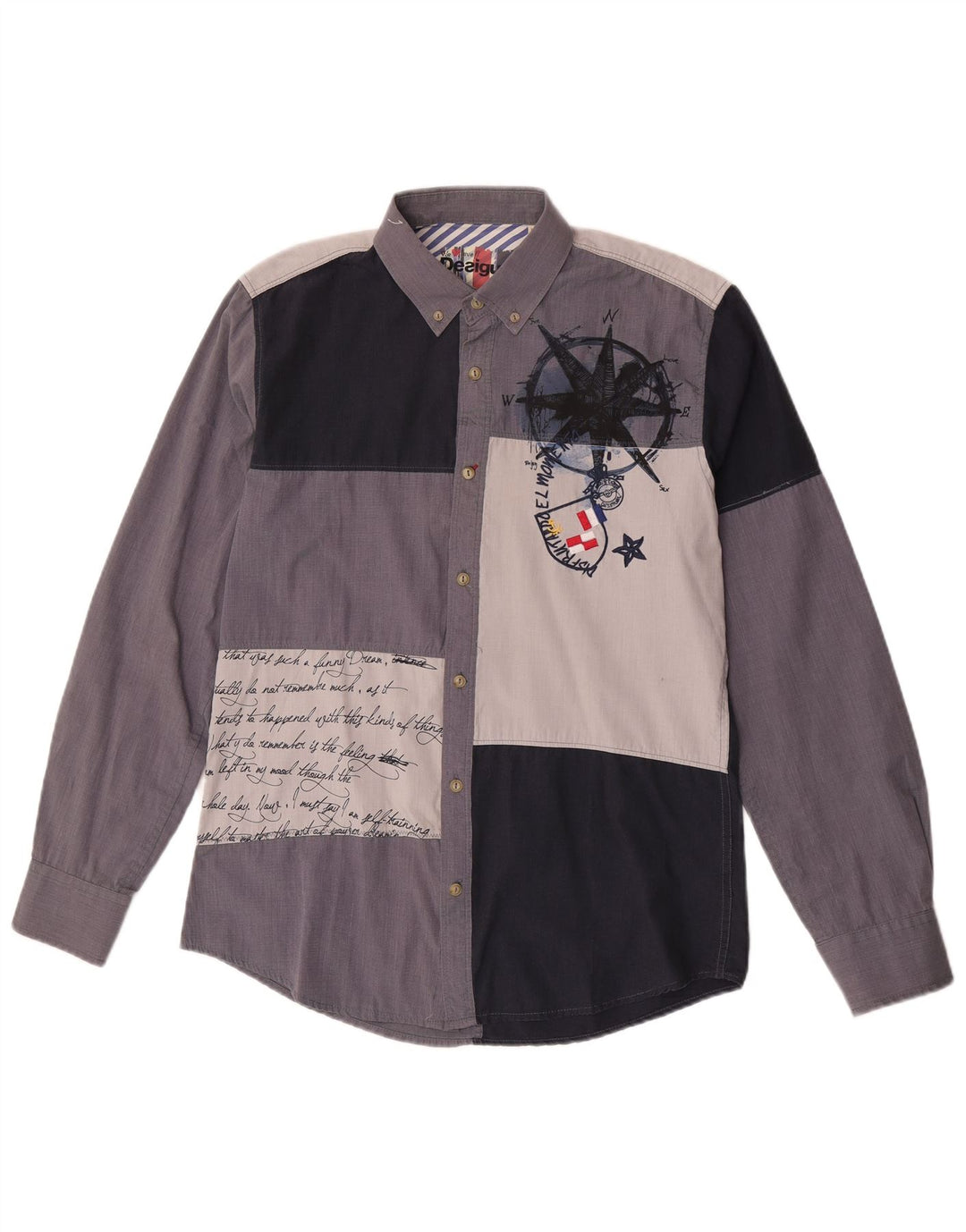 Desigual Mens Graphic Shirt Medium Blue Colourblock Cotton