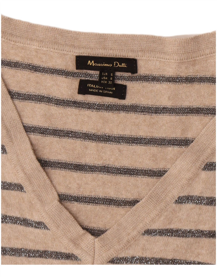 Massimo Dutti Womens V-Neck Jumper Sweater UK 10 Small Beige Striped