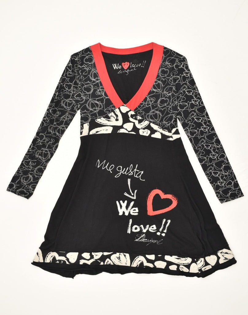 DESIGUAL Womens Graphic A-Line Dress UK 10 Small Black Cotton Heart | Vintage Desigual | Thrift | Second-Hand Desigual | Used Clothing | Messina Hembry 