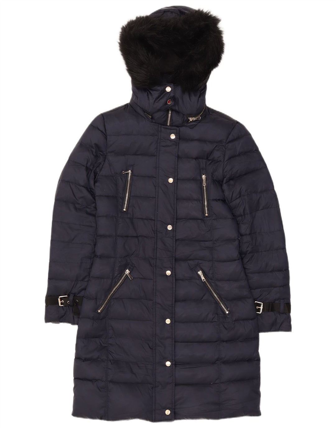 Zara Womens Hooded Padded Coat UK 10 Small Navy Blue Polyester
