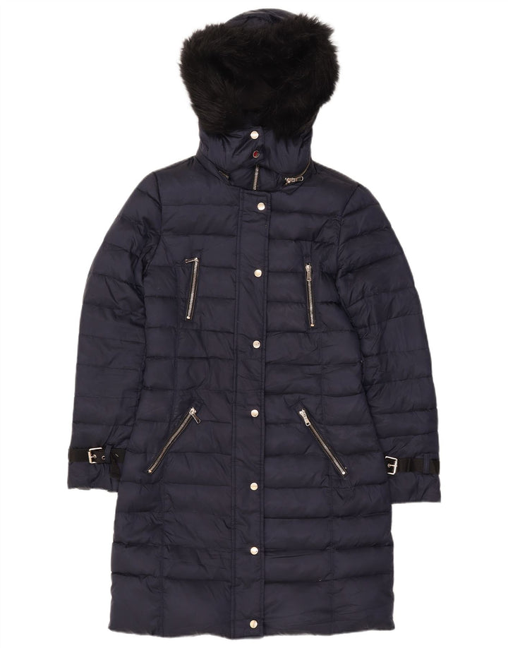 Zara Womens Hooded Padded Coat UK 10 Small Navy Blue Polyester