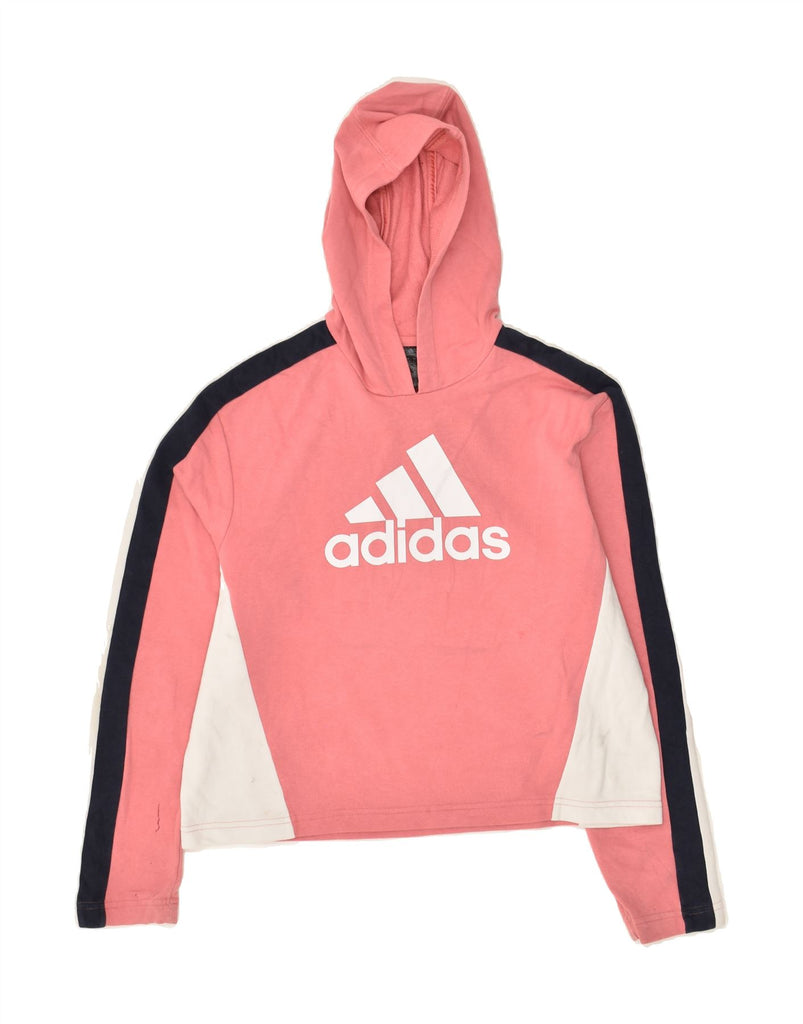 ADIDAS Girls Graphic Hoodie Jumper 14-15 Years Pink Colourblock Cotton | Vintage Adidas | Thrift | Second-Hand Adidas | Used Clothing | Messina Hembry 