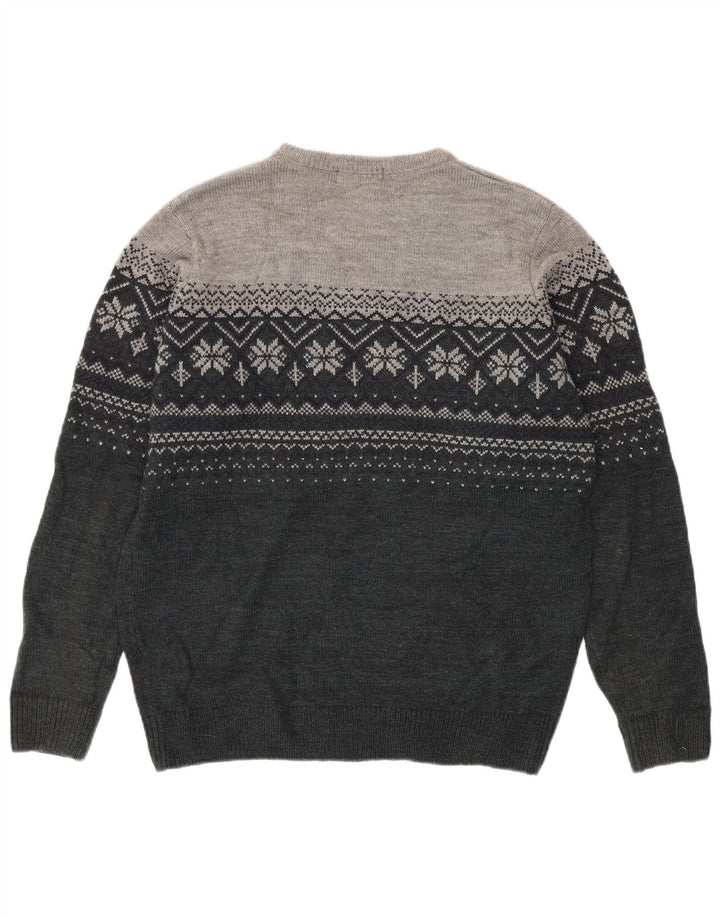 JAMES PRINGLE Mens Boat Neck Jumper Sweater Medium Grey Fair Isle Acrylic