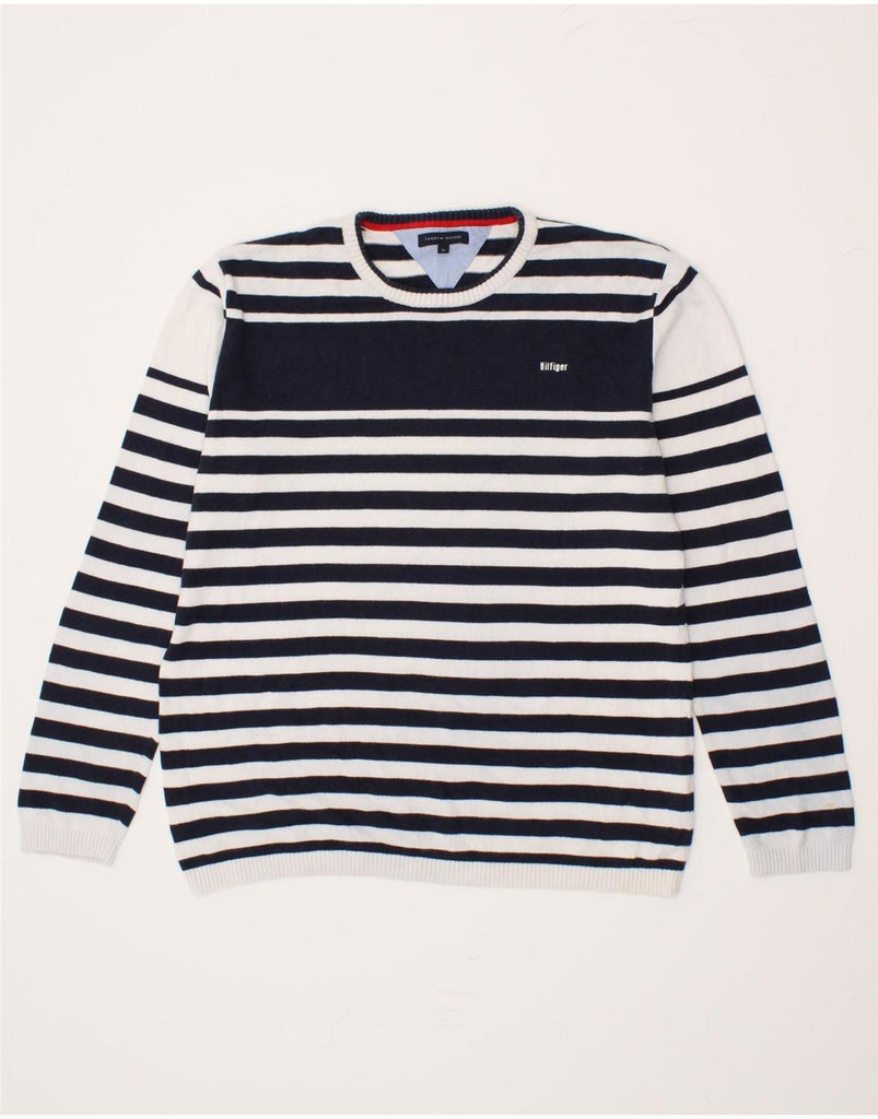 TOMMY HILFIGER Boys Crew Neck Jumper Sweater 15-16 Years Navy Blue Striped Vintage Tommy Hilfiger and Second-Hand Tommy Hilfiger from Messina Hembry 