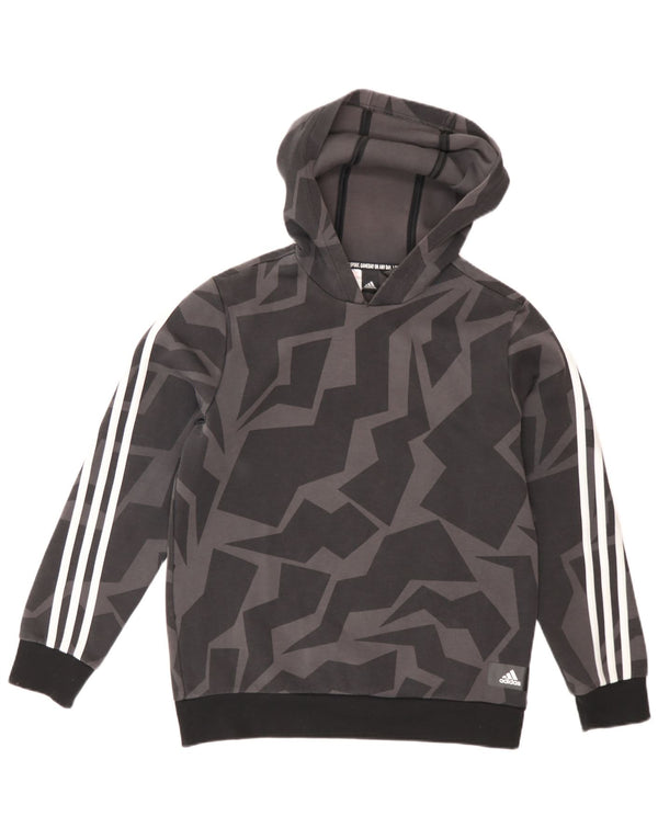 Adidas Boys Hoodie Jumper 13-14 Years Grey Geometric Cotton