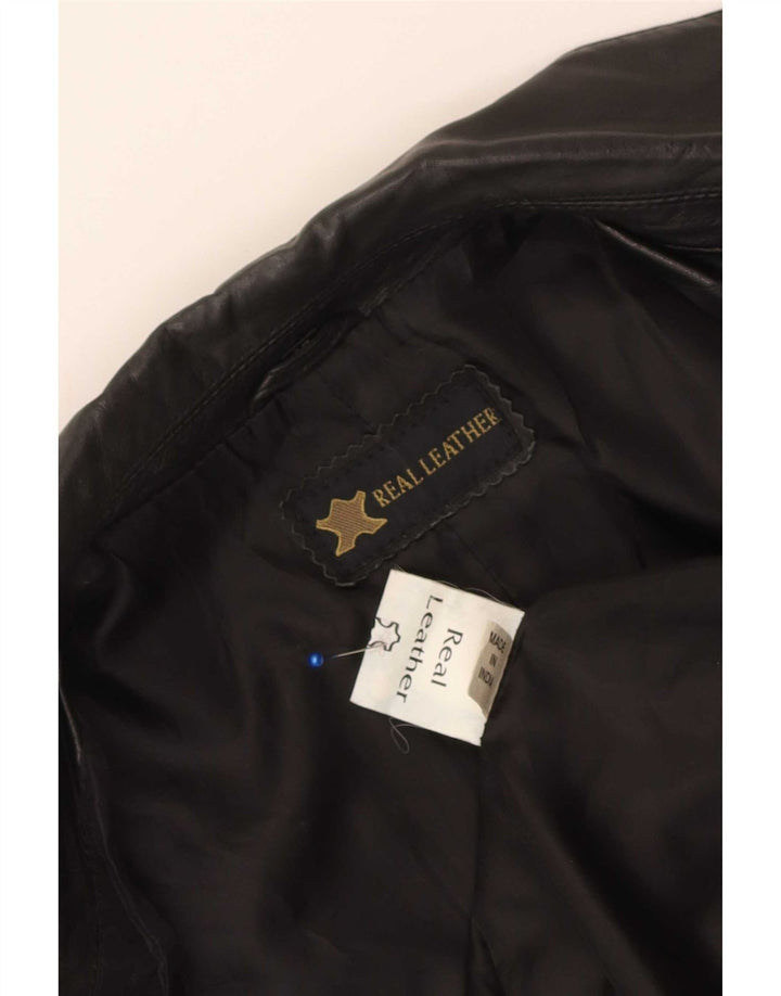 Vintage Womens 3 Button Leather Blazer Jacket UK 14 Medium Black Leather