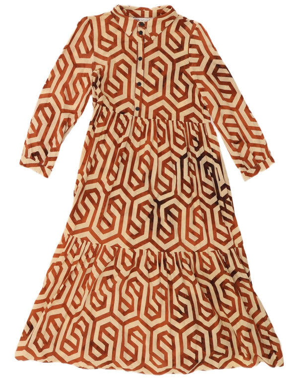Zara Womens 3/4 Sleeve Tiered Dress UK 10 Small Beige Geometric