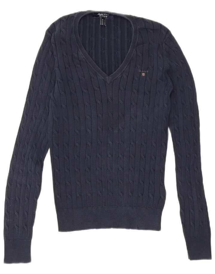 Gant Mens V-Neck Jumper Sweater Small Navy Blue Cotton