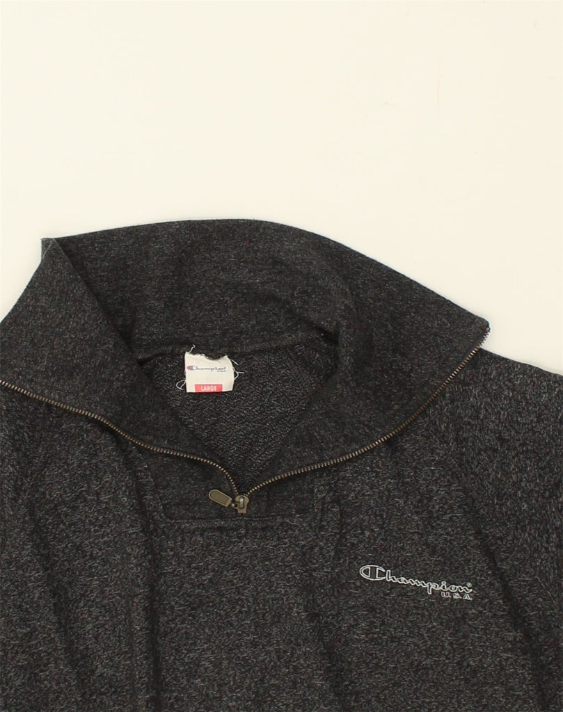 CHAMPION Mens Graphic Zip Neck Jumper Sweater Large Black Flecked Cotton | Vintage Champion | Thrift | Second-Hand Champion | Used Clothing | Messina Hembry 