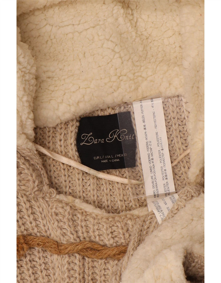 Zara Womens Hooded Cardigan Sweater UK 16 Large Beige Polyester