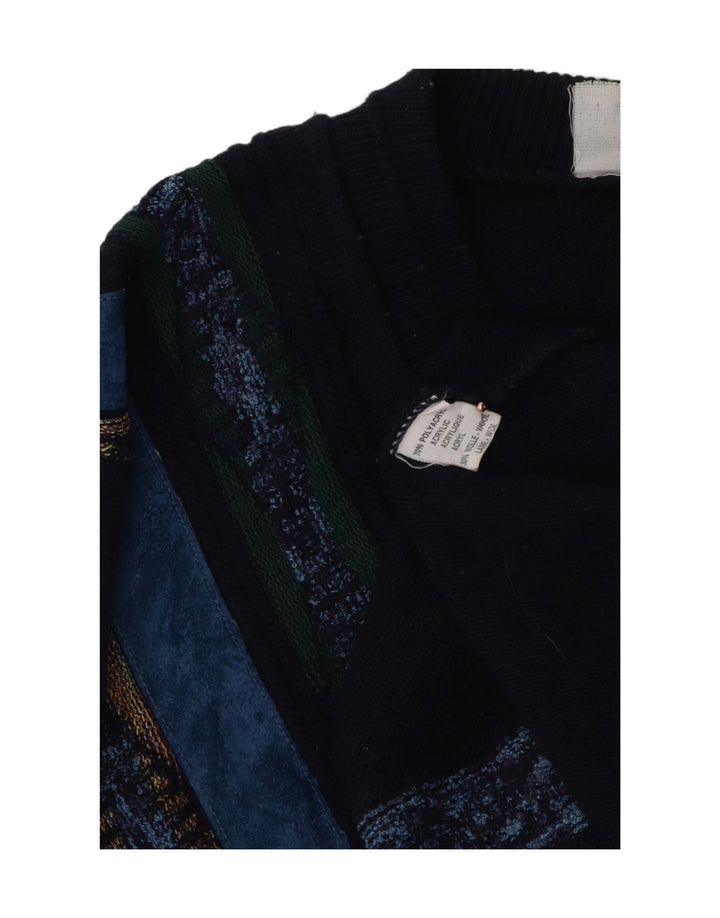 Vintage Mens V-Neck Jumper Sweater Large Navy Blue Geometric Polyacrylic