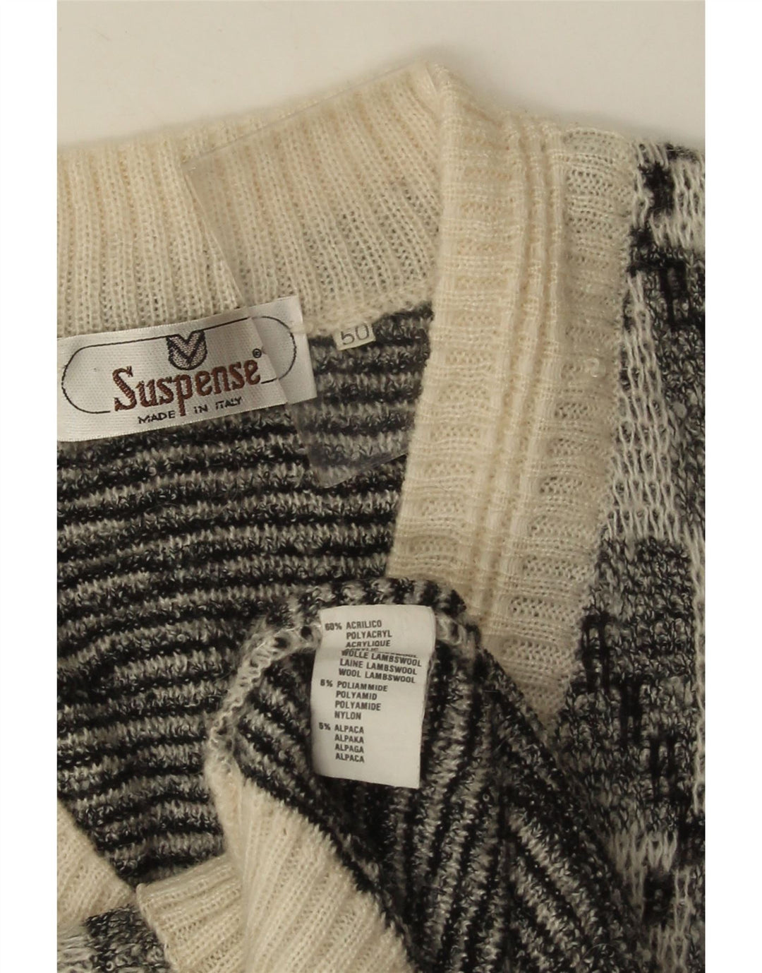 Suspense Mens V-Neck Jumper Sweater IT 50 Medium Black Geometric Acrylic