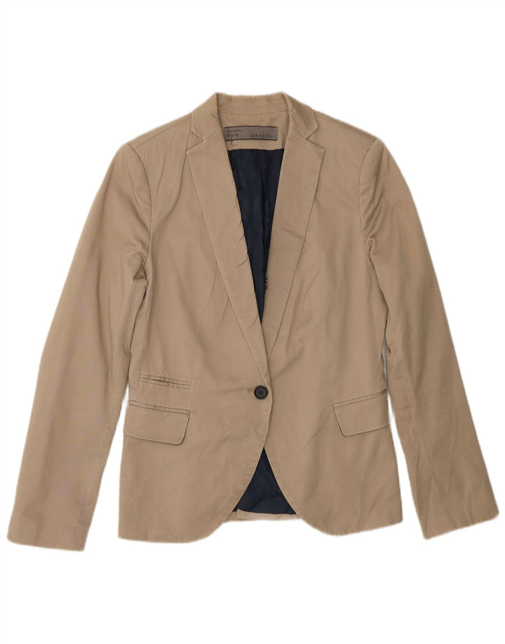 Zara Womens 1 Button Blazer Jacket UK 12 Medium Beige Cotton
