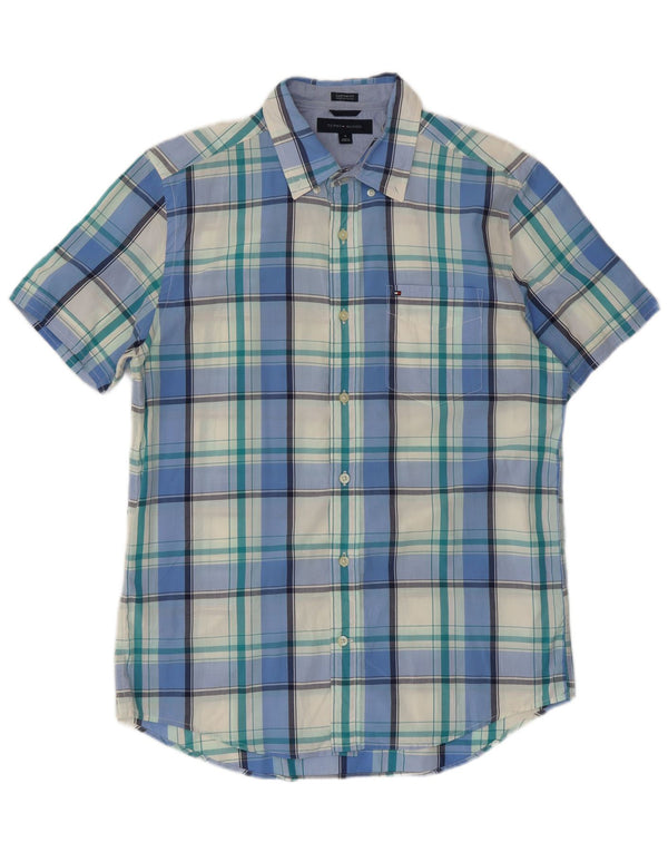 Tommy Hilfiger Mens Short Sleeve Custom Fit Shirt Medium Blue Check Cotton