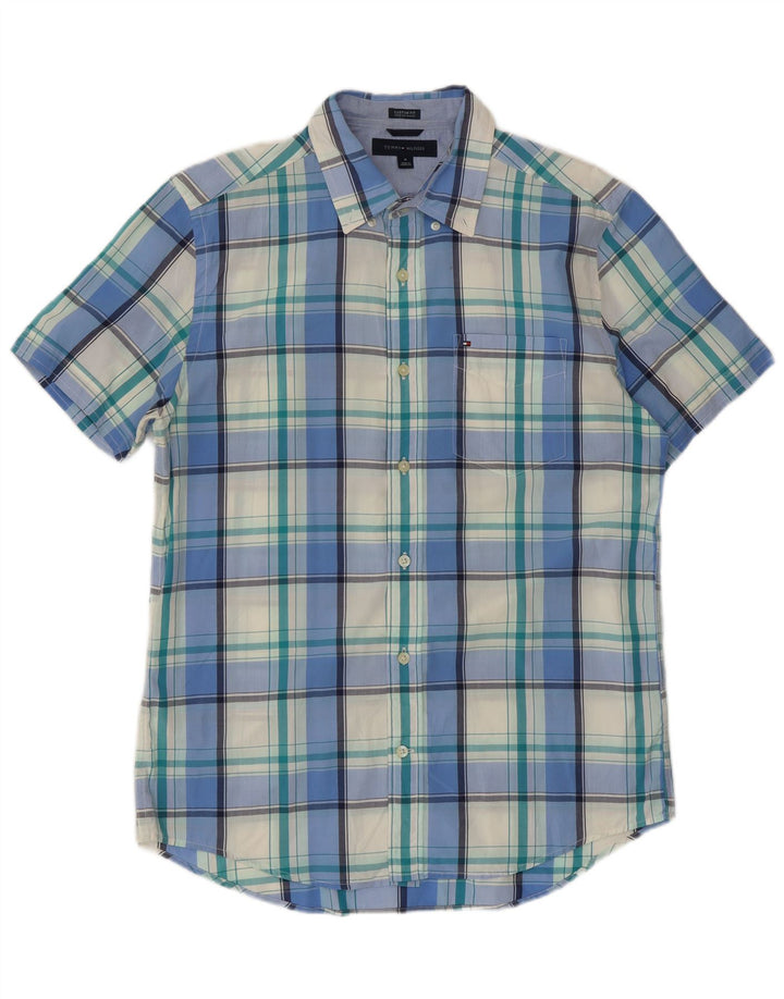 Tommy Hilfiger Mens Short Sleeve Custom Fit Shirt Medium Blue Check Cotton