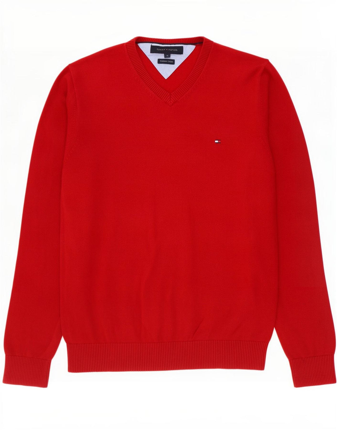 Tommy Hilfiger Mens V-Neck Jumper Sweater Medium Red Cotton