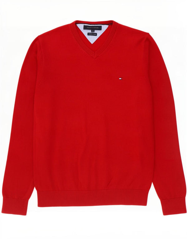 Tommy Hilfiger Mens V-Neck Jumper Sweater Medium Red Cotton