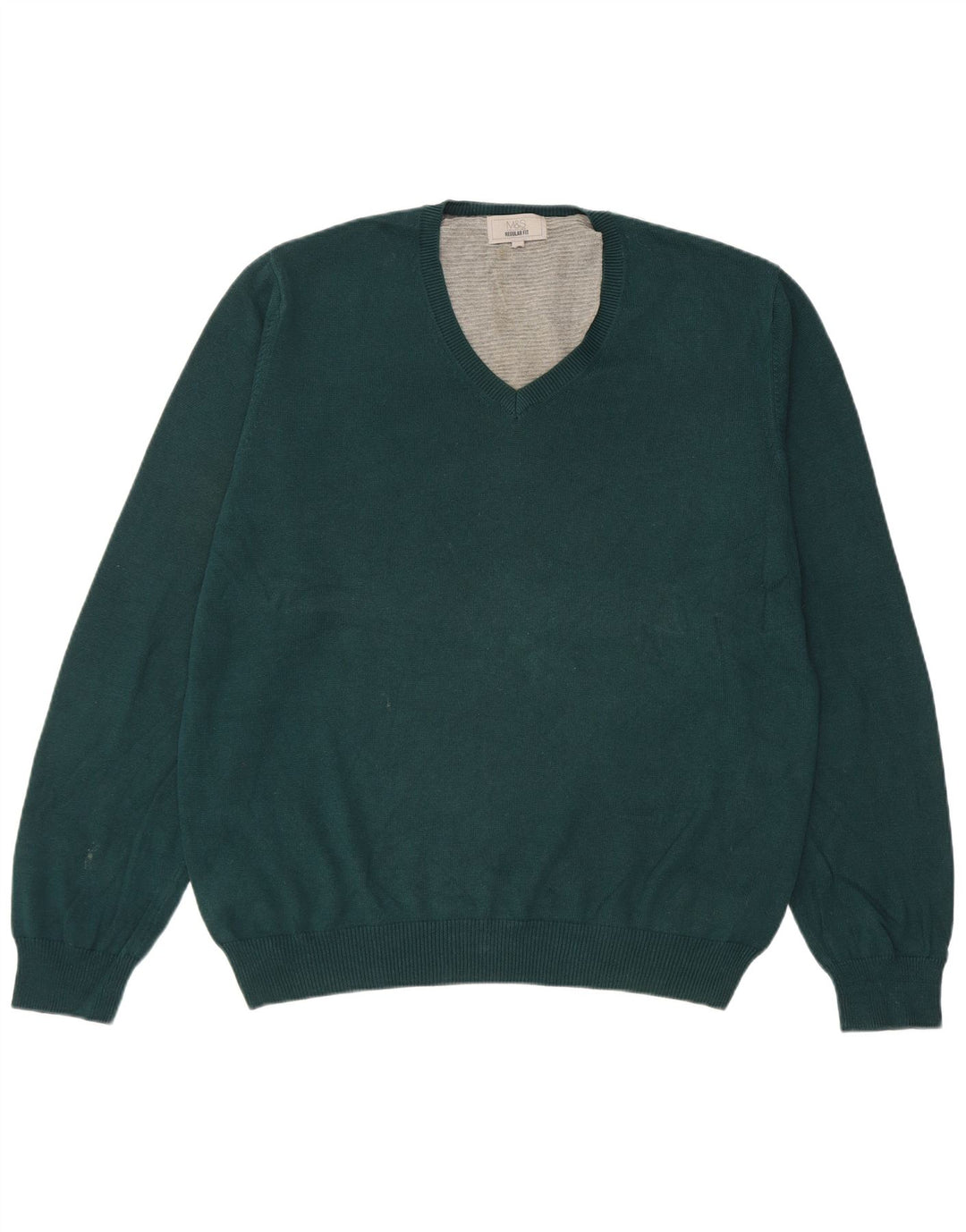 Marks & Spencer Mens Regular Fit V-Neck Jumper Sweater Large Green Cotton