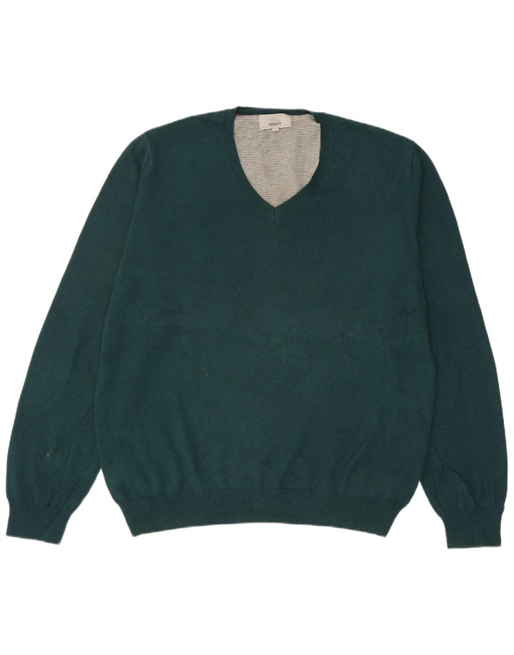 Marks & Spencer Mens Regular Fit V-Neck Jumper Sweater Large Green Cotton