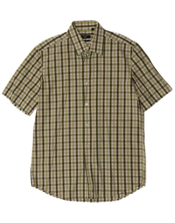 Hugo Boss Mens Short Sleeve Shirt Size 40 15 3/4 Medium Green Gingham