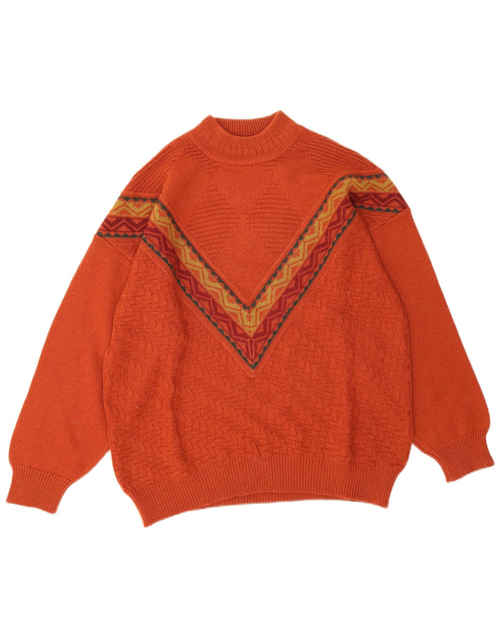 Vintage Mens Turtle Neck Jumper Sweater Large Orange Geometric Wool