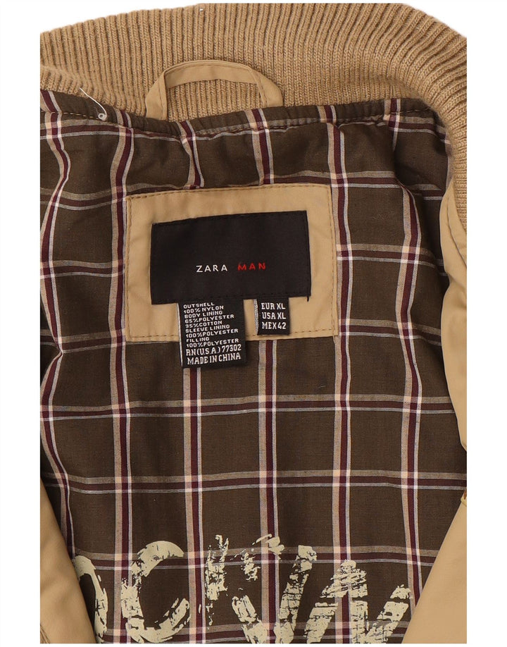 Zara Mens Military Bomber Jacket UK 42 XL Beige Nylon