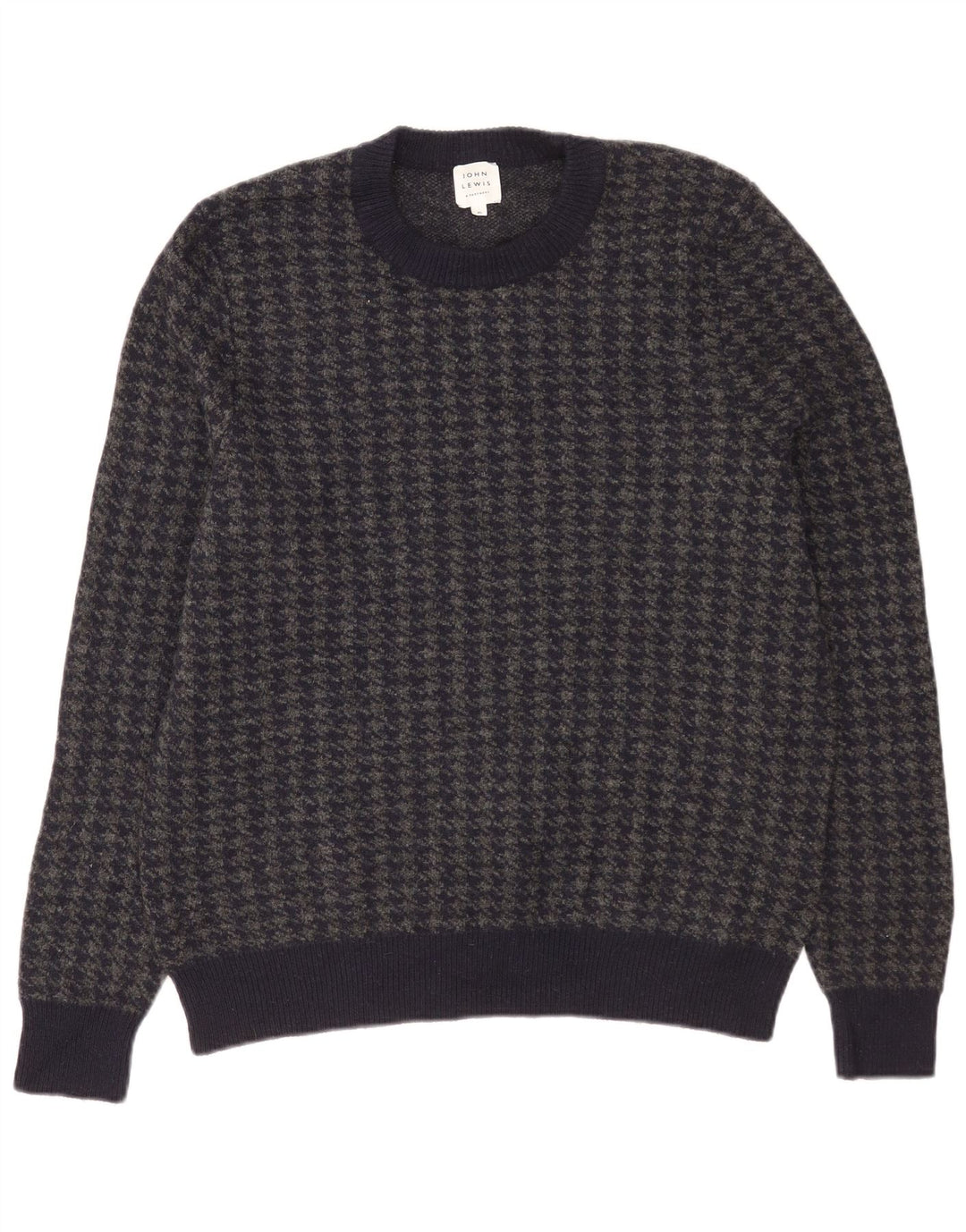 John Lewis Mens Crew Neck Jumper Sweater XL Navy Blue Houndstooth Lambswool