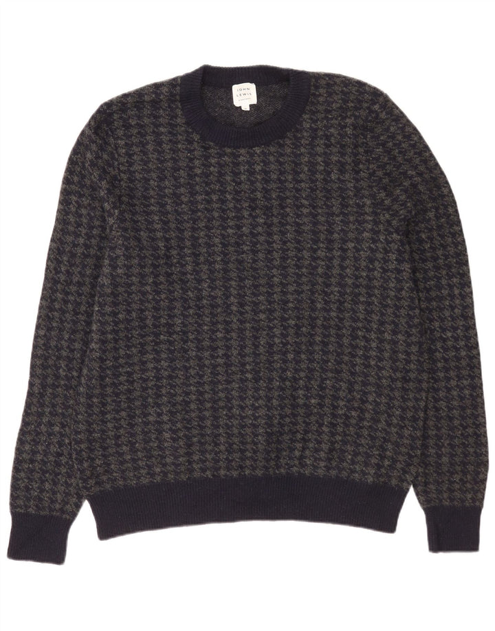 John Lewis Mens Crew Neck Jumper Sweater XL Navy Blue Houndstooth Lambswool