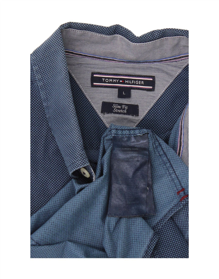 TOMMY HILFIGER Mens Slim Fit Shirt Large Blue Spotted Cotton Vintage Tommy Hilfiger and Second-Hand Tommy Hilfiger from Messina Hembry 