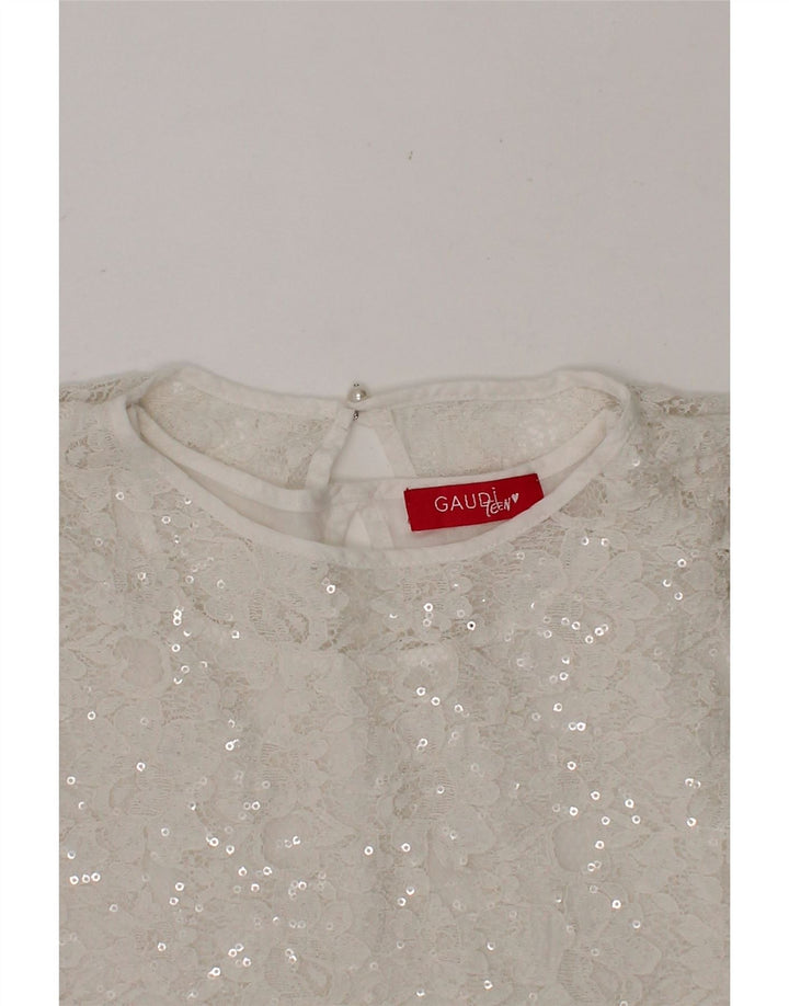 GAUDI Girls Blouse Top 7-8 Years White Floral Nylon Vintage Gaudi and Second-Hand Gaudi from Messina Hembry 