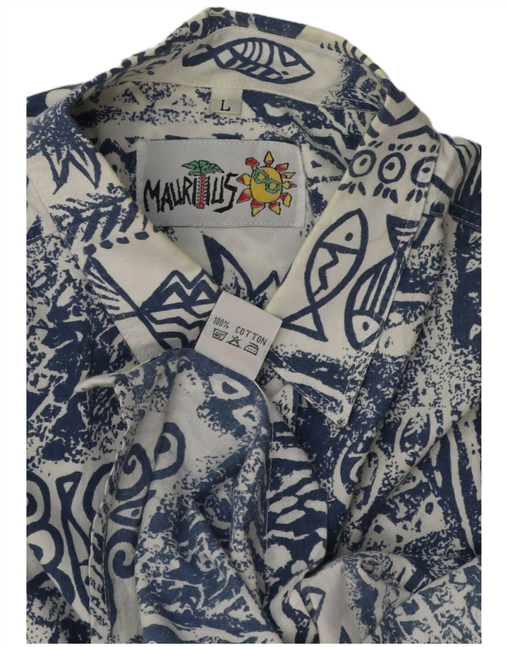 Mauritius Mens Short Sleeve Shirt Large Blue Patchwork Cotton Hawaiian