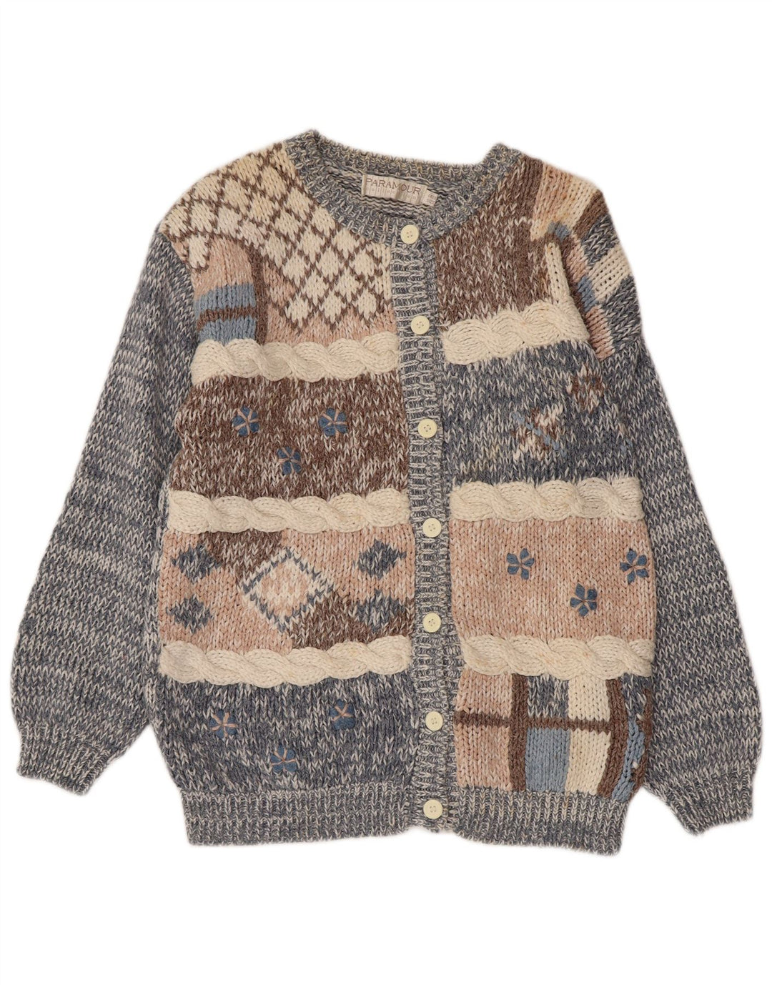 PARAMOUR Womens Cardigan Sweater One Size Blue Patchwork Ramie