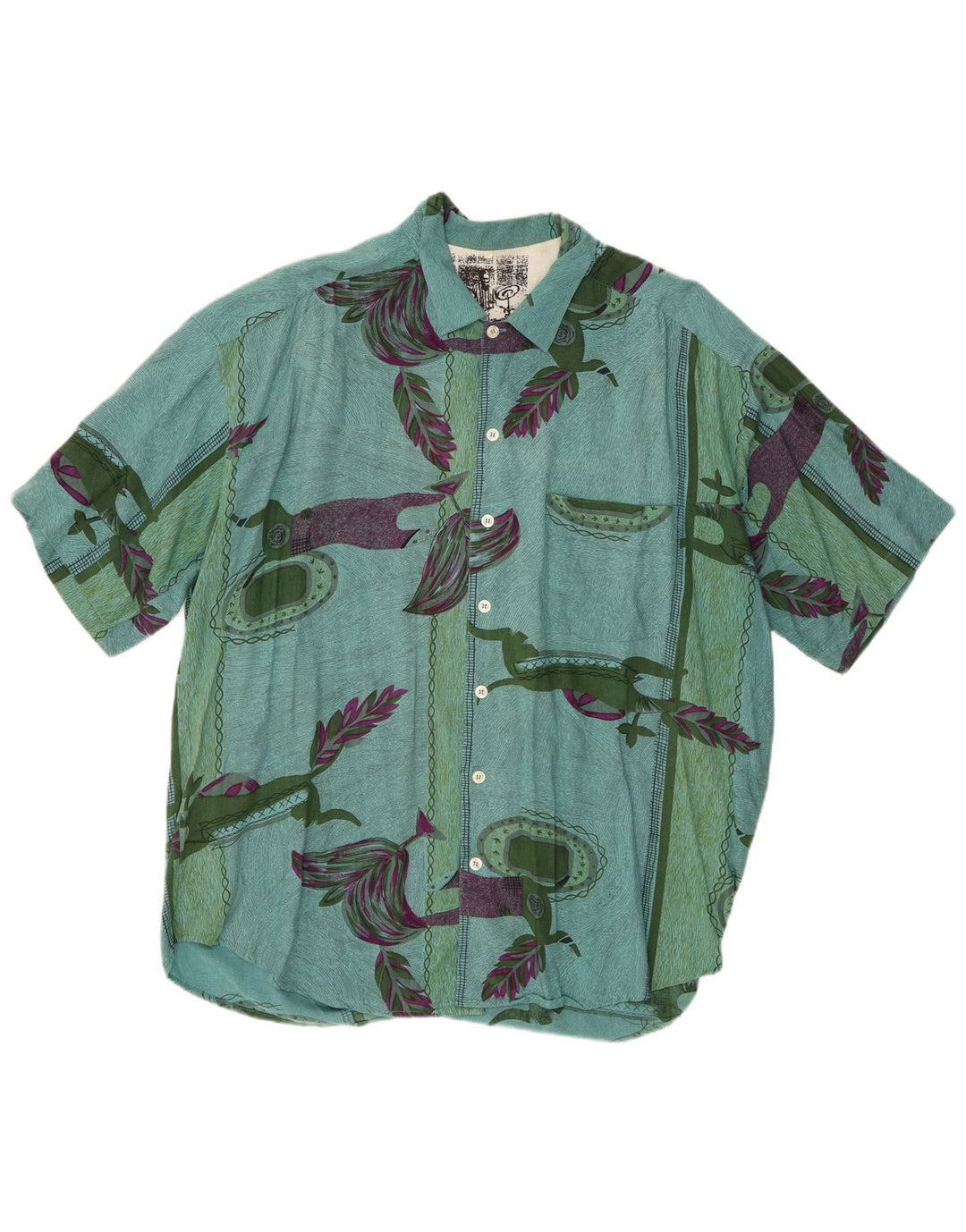 Vintage Mens Abstract Pattern Short Sleeve Shirt XL Green Viscose