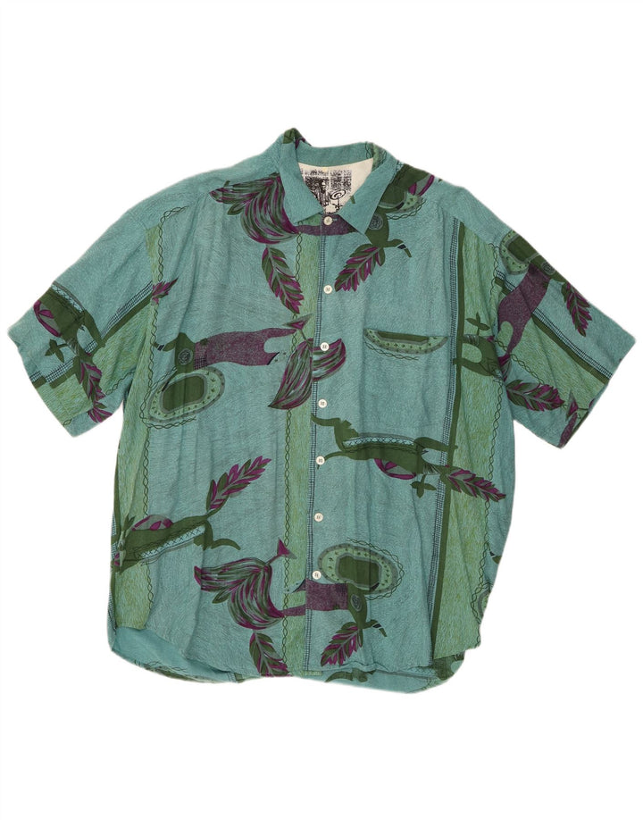 Vintage Mens Abstract Pattern Short Sleeve Shirt XL Green Viscose