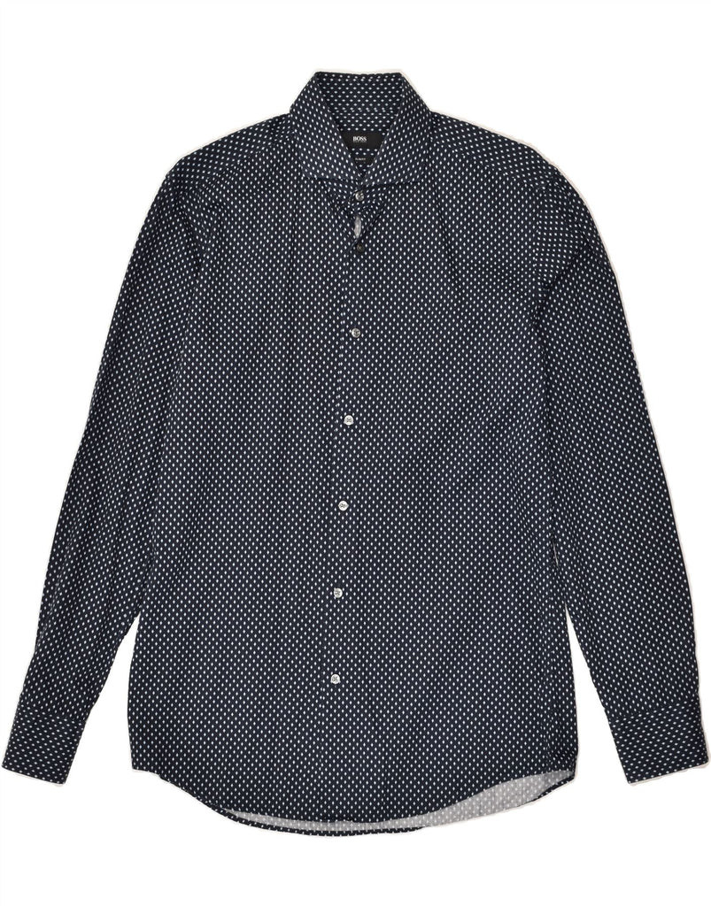 HUGO BOSS Mens Slim Fit Shirt Size 39 15 1/2 Medium Navy Blue Spotted | Vintage Hugo Boss | Thrift | Second-Hand Hugo Boss | Used Clothing | Messina Hembry 