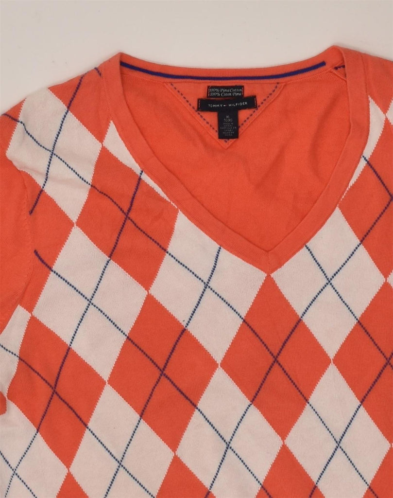 TOMMY HILFIGER Womens V-Neck Jumper Sweater UK 18 XL Orange Argyle/Diamond | Vintage Tommy Hilfiger | Thrift | Second-Hand Tommy Hilfiger | Used Clothing | Messina Hembry 